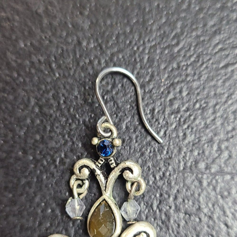 Retro Silvertone Long Blue Brown Drop Crystal Tassel Chandelier Hook Earrings 2" - Picture 4 of 7